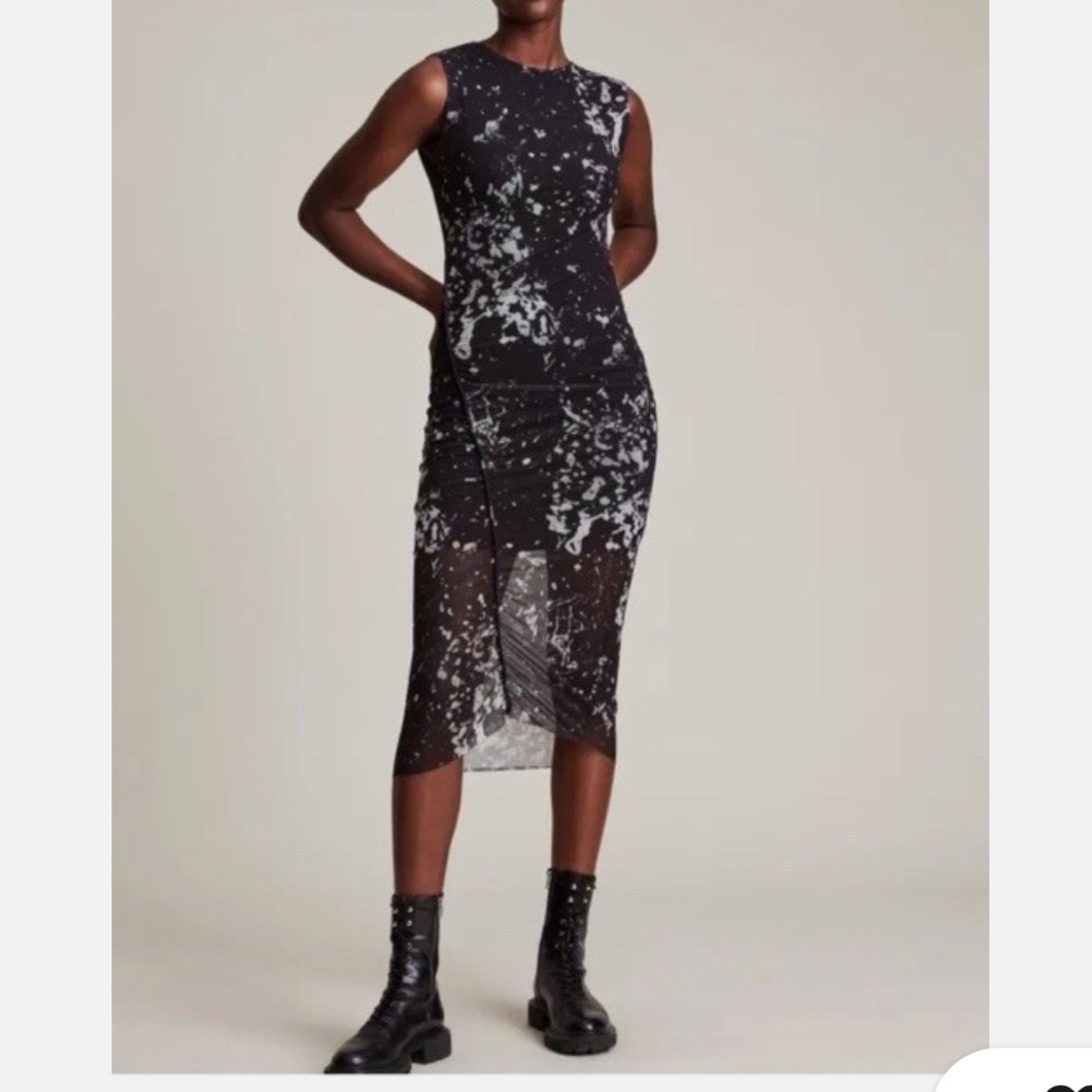 AllSaints Portland Abstract Print Stretch Black and White Sheer Midi Dress